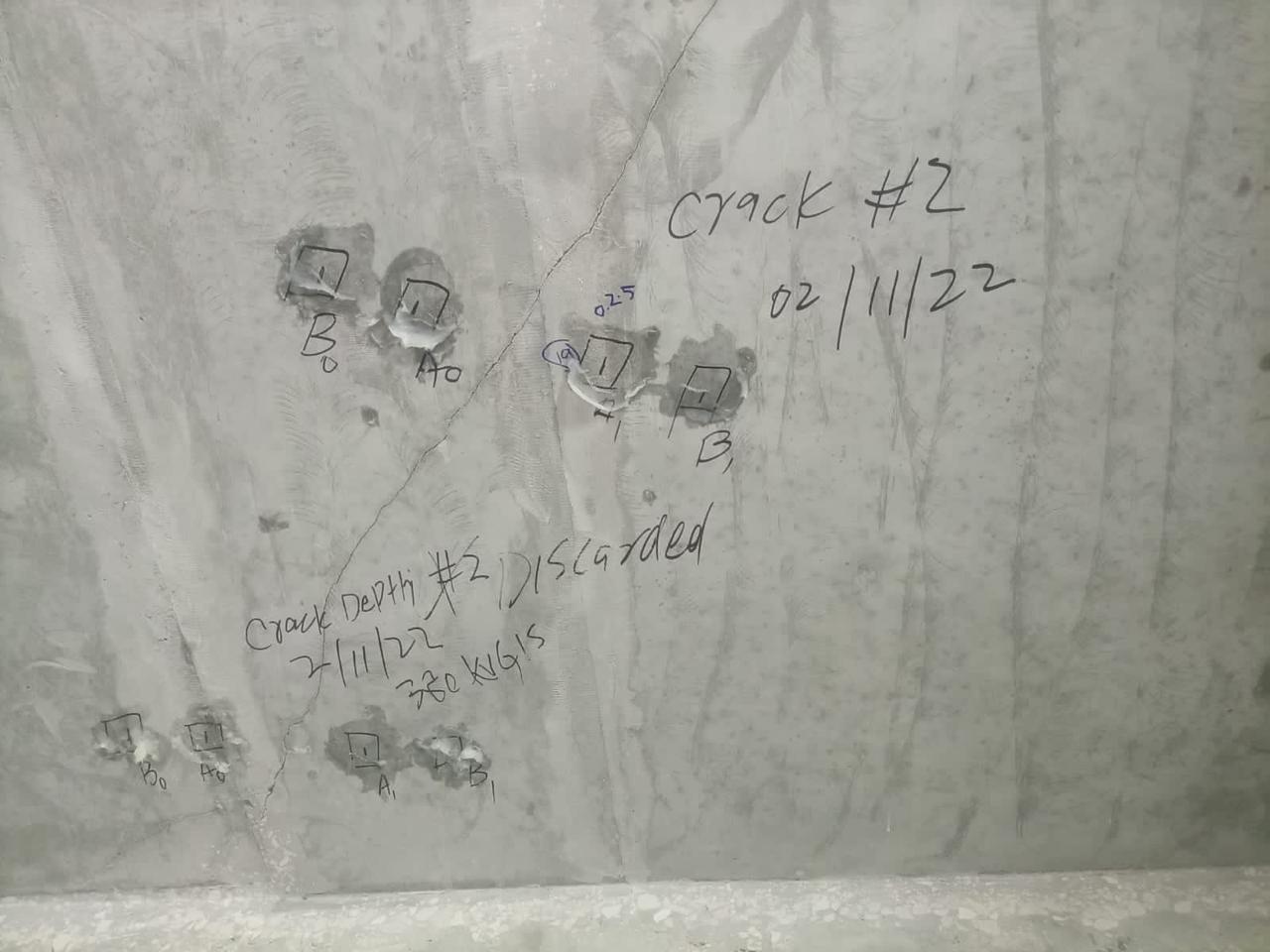 Crack depth measurement test point #2 on concrete wall