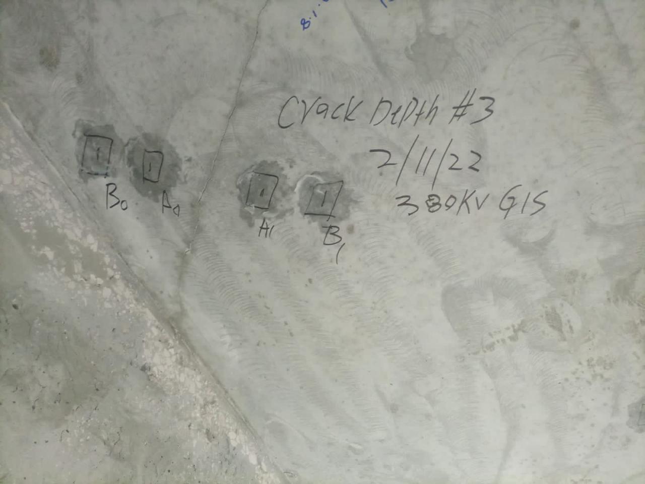 Crack depth measurement test point #3 on concrete slab