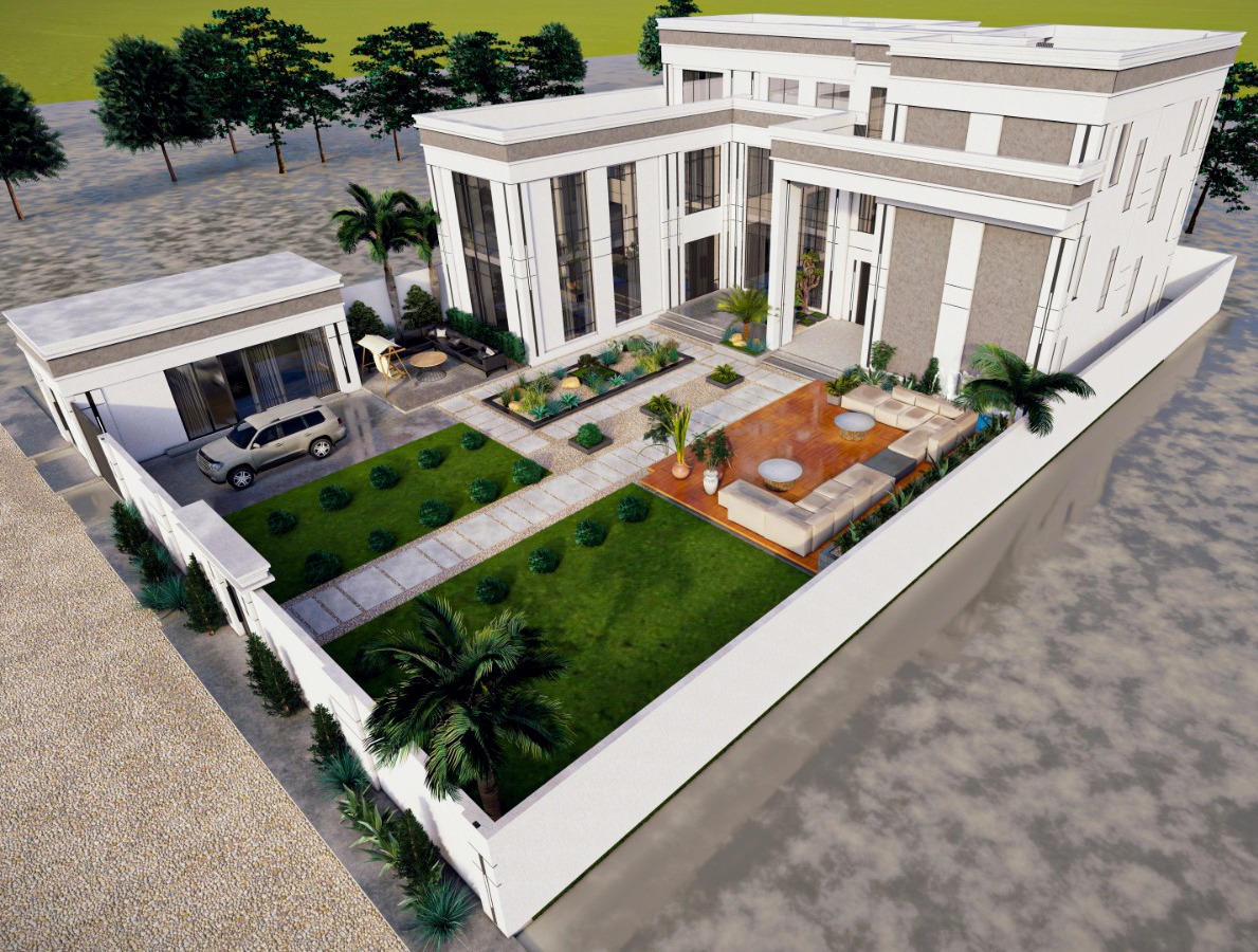 Bird's eye view of full villa compound