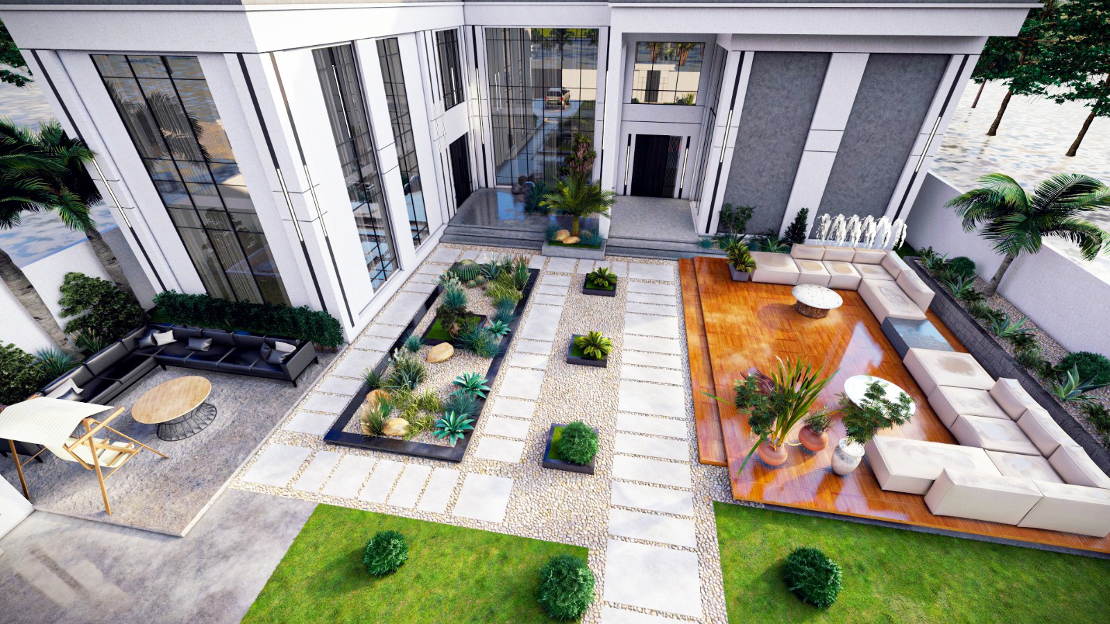 Aerial view of courtyard and timber deck