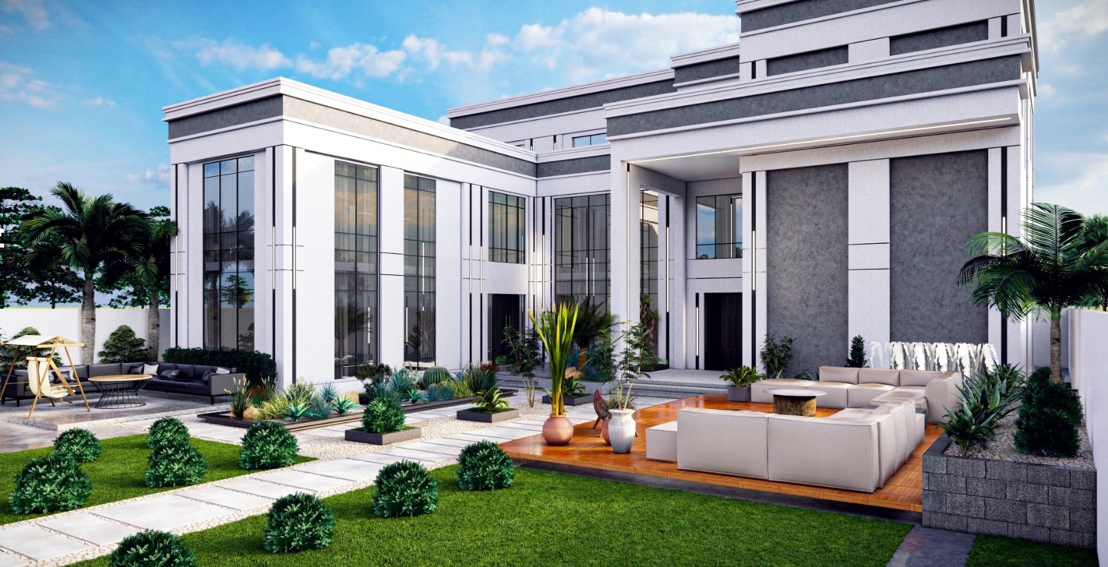 Garden view with outdoor lounge areas