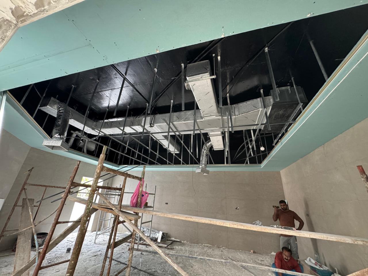 HVAC ductwork and false ceiling framing in villa