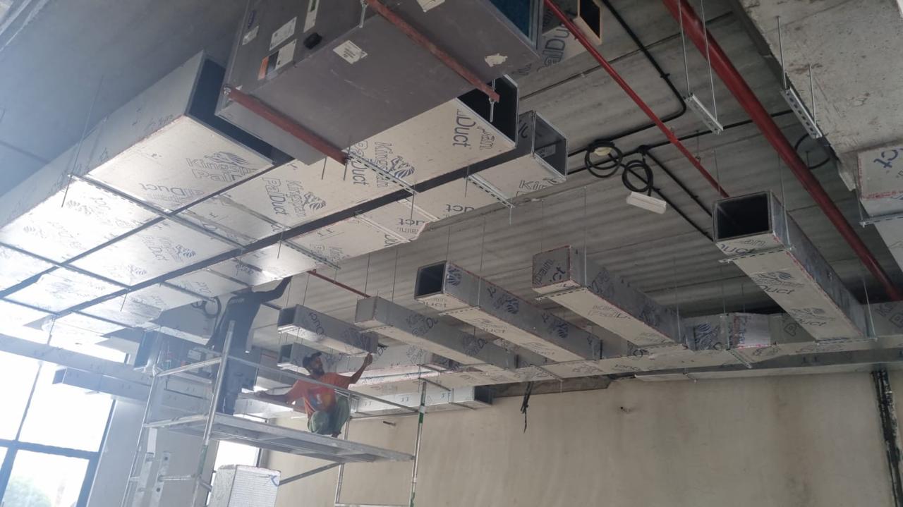 Duct branch and diffuser installation from scaffolding