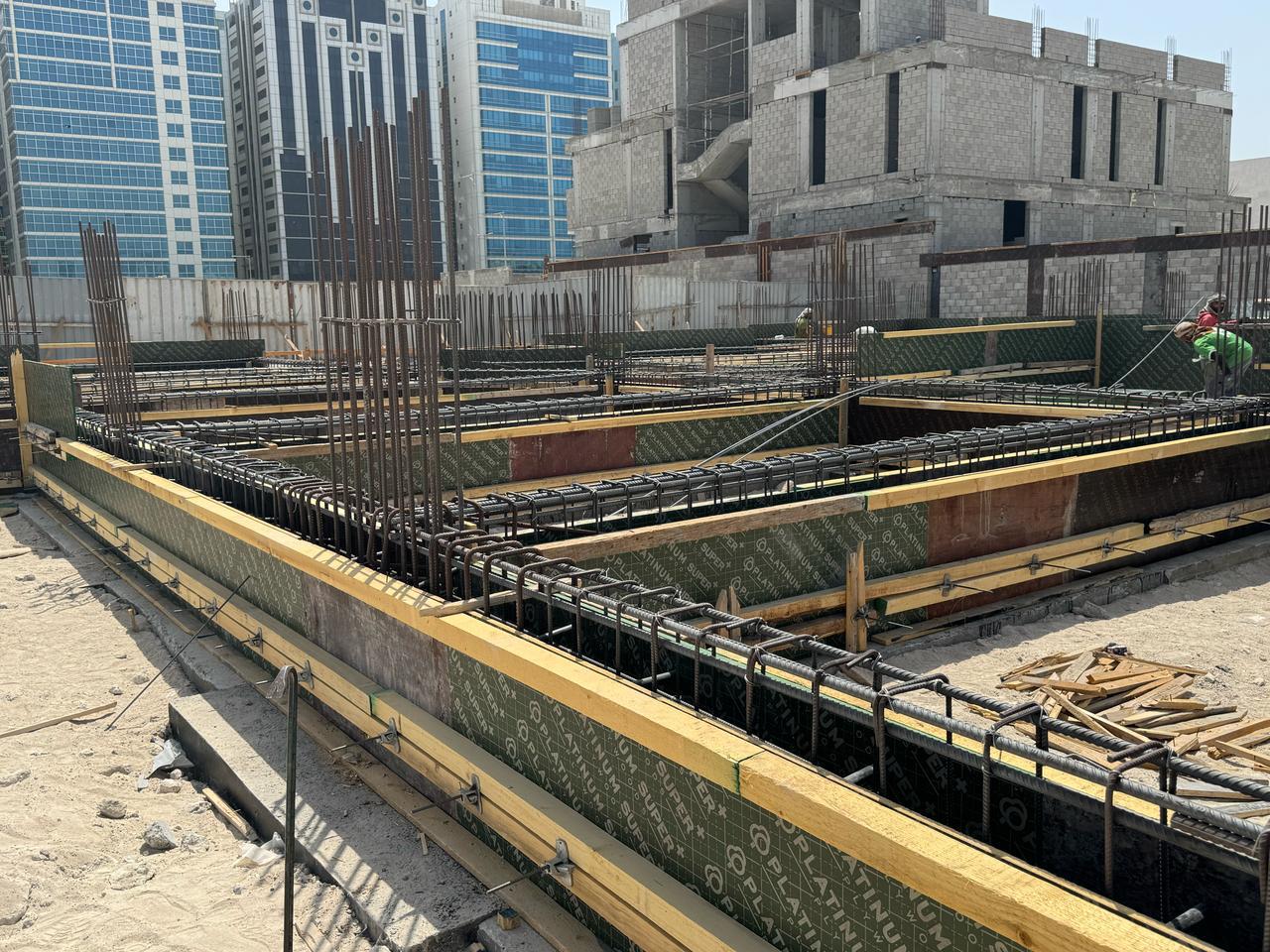 Foundation beam formwork and rebar close-up